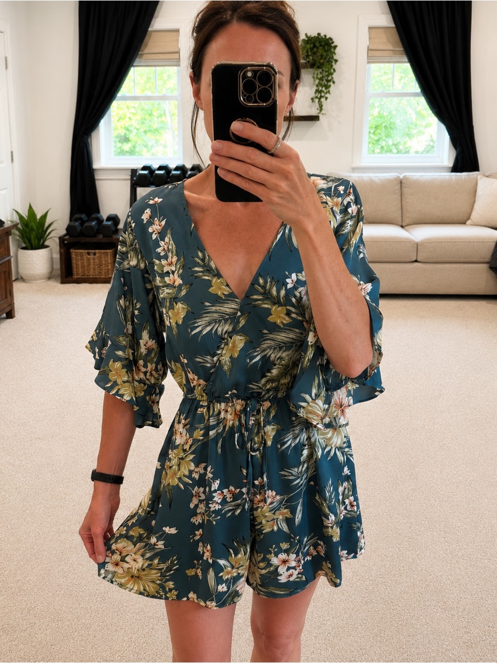 Mittoshop Blue Tropical Floral Flutter Sleeve Romper Medium